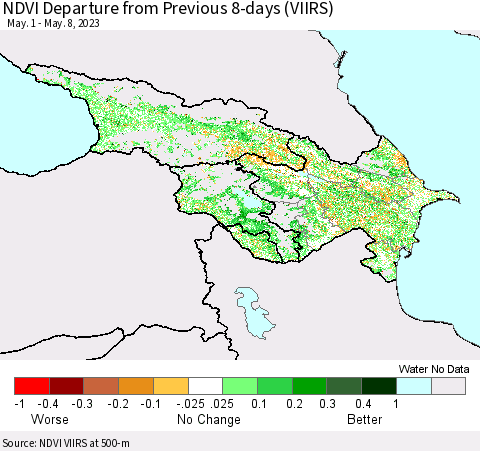 Azerbaijan, Armenia and Georgia NDVI Departure from Previous 8-days (VIIRS) Thematic Map For 5/1/2023 - 5/8/2023