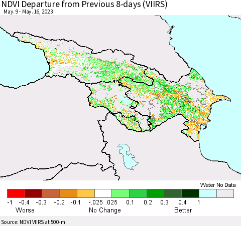Azerbaijan, Armenia and Georgia NDVI Departure from Previous 8-days (VIIRS) Thematic Map For 5/9/2023 - 5/16/2023