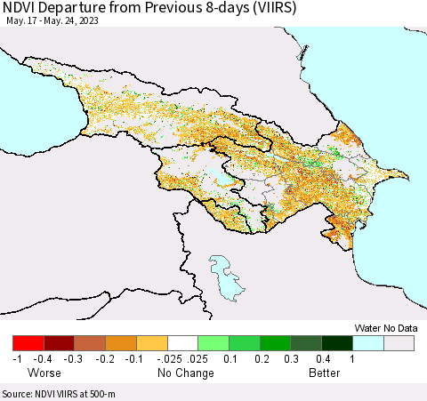 Azerbaijan, Armenia and Georgia NDVI Departure from Previous 8-days (VIIRS) Thematic Map For 5/17/2023 - 5/24/2023