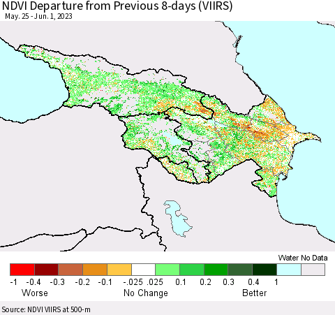 Azerbaijan, Armenia and Georgia NDVI Departure from Previous 8-days (VIIRS) Thematic Map For 5/25/2023 - 6/1/2023