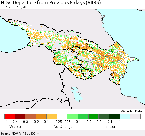 Azerbaijan, Armenia and Georgia NDVI Departure from Previous 8-days (VIIRS) Thematic Map For 6/2/2023 - 6/9/2023