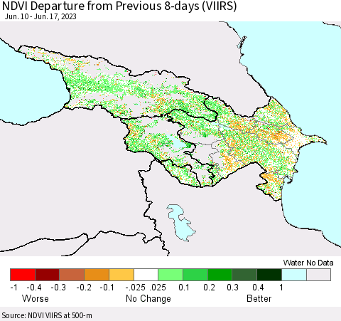 Azerbaijan, Armenia and Georgia NDVI Departure from Previous 8-days (VIIRS) Thematic Map For 6/10/2023 - 6/17/2023