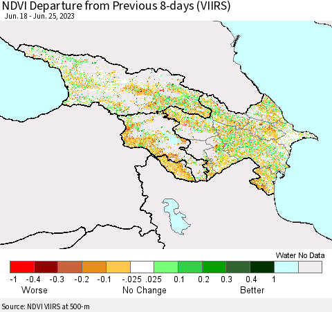 Azerbaijan, Armenia and Georgia NDVI Departure from Previous 8-days (VIIRS) Thematic Map For 6/18/2023 - 6/25/2023
