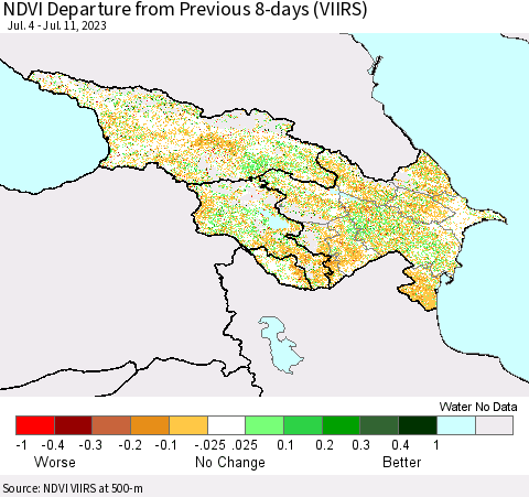 Azerbaijan, Armenia and Georgia NDVI Departure from Previous 8-days (VIIRS) Thematic Map For 7/4/2023 - 7/11/2023