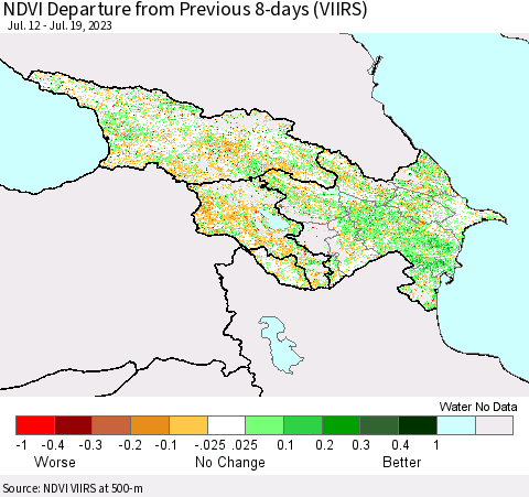 Azerbaijan, Armenia and Georgia NDVI Departure from Previous 8-days (VIIRS) Thematic Map For 7/12/2023 - 7/19/2023