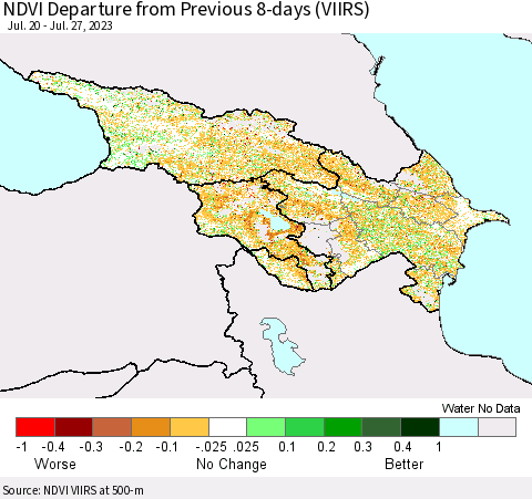 Azerbaijan, Armenia and Georgia NDVI Departure from Previous 8-days (VIIRS) Thematic Map For 7/20/2023 - 7/27/2023
