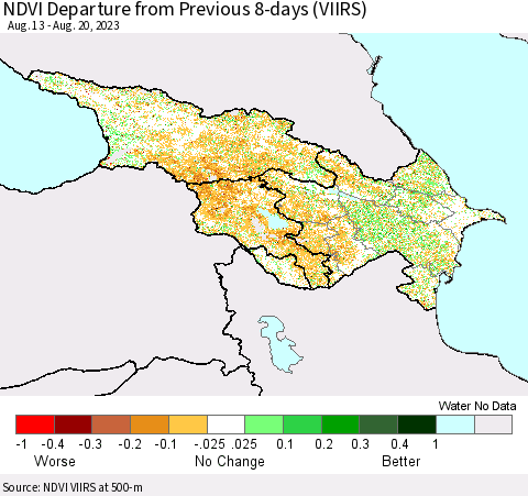 Azerbaijan, Armenia and Georgia NDVI Departure from Previous 8-days (VIIRS) Thematic Map For 8/13/2023 - 8/20/2023