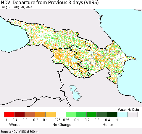 Azerbaijan, Armenia and Georgia NDVI Departure from Previous 8-days (VIIRS) Thematic Map For 8/21/2023 - 8/28/2023