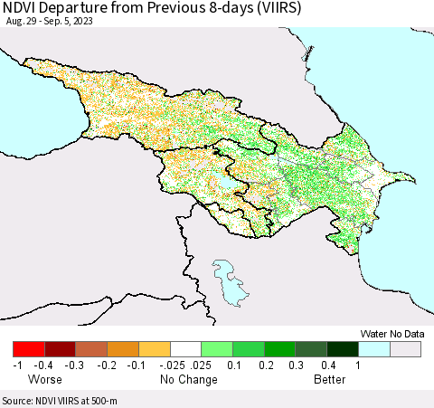 Azerbaijan, Armenia and Georgia NDVI Departure from Previous 8-days (VIIRS) Thematic Map For 8/29/2023 - 9/5/2023