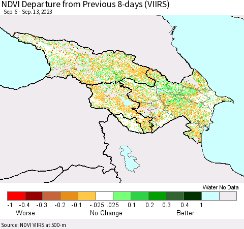 Azerbaijan, Armenia and Georgia NDVI Departure from Previous 8-days (VIIRS) Thematic Map For 9/6/2023 - 9/13/2023