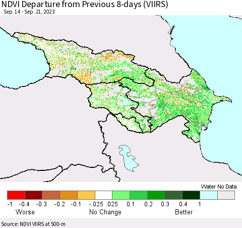 Azerbaijan, Armenia and Georgia NDVI Departure from Previous 8-days (VIIRS) Thematic Map For 9/14/2023 - 9/21/2023