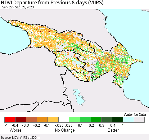 Azerbaijan, Armenia and Georgia NDVI Departure from Previous 8-days (VIIRS) Thematic Map For 9/22/2023 - 9/29/2023