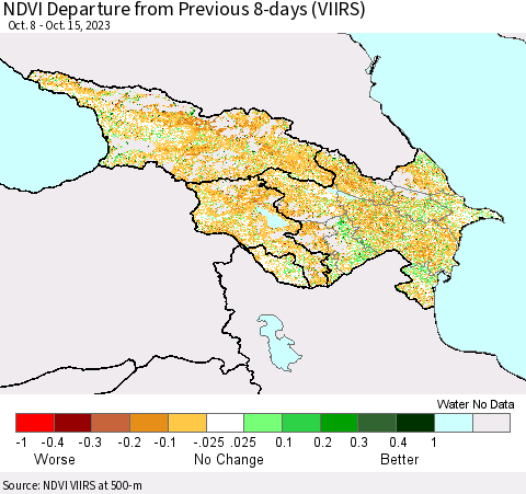 Azerbaijan, Armenia and Georgia NDVI Departure from Previous 8-days (VIIRS) Thematic Map For 10/8/2023 - 10/15/2023