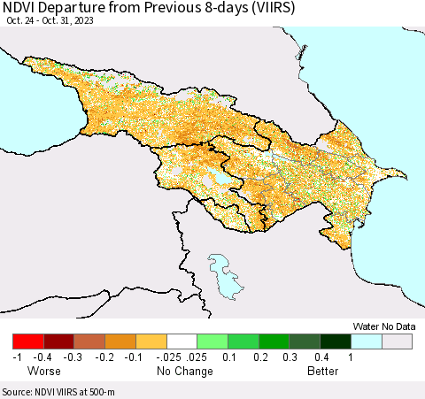 Azerbaijan, Armenia and Georgia NDVI Departure from Previous 8-days (VIIRS) Thematic Map For 10/24/2023 - 10/31/2023