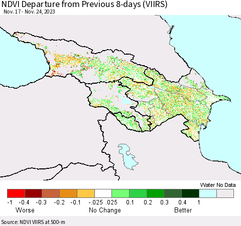 Azerbaijan, Armenia and Georgia NDVI Departure from Previous 8-days (VIIRS) Thematic Map For 11/17/2023 - 11/24/2023