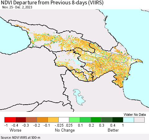Azerbaijan, Armenia and Georgia NDVI Departure from Previous 8-days (VIIRS) Thematic Map For 11/25/2023 - 12/2/2023