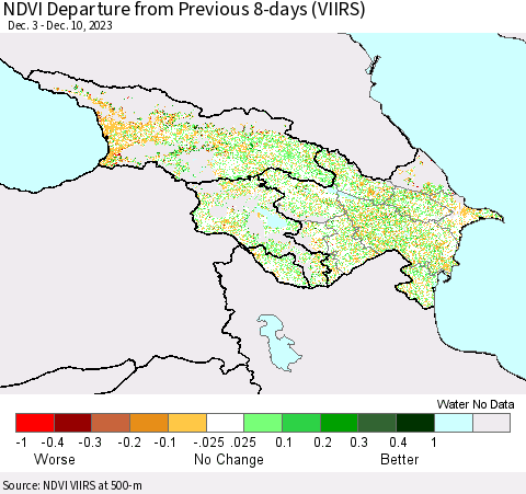 Azerbaijan, Armenia and Georgia NDVI Departure from Previous 8-days (VIIRS) Thematic Map For 12/3/2023 - 12/10/2023
