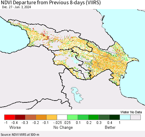 Azerbaijan, Armenia and Georgia NDVI Departure from Previous 8-days (VIIRS) Thematic Map For 12/27/2023 - 1/3/2024