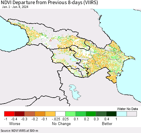 Azerbaijan, Armenia and Georgia NDVI Departure from Previous 8-days (VIIRS) Thematic Map For 1/1/2024 - 1/8/2024