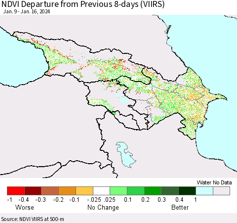 Azerbaijan, Armenia and Georgia NDVI Departure from Previous 8-days (VIIRS) Thematic Map For 1/9/2024 - 1/16/2024