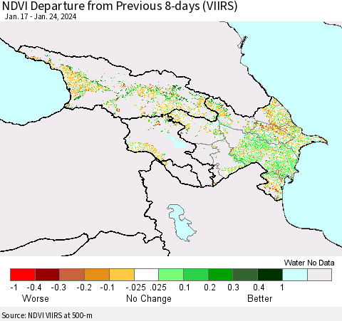 Azerbaijan, Armenia and Georgia NDVI Departure from Previous 8-days (VIIRS) Thematic Map For 1/17/2024 - 1/24/2024