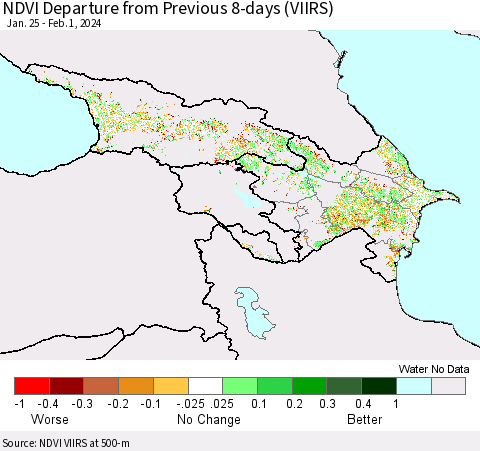 Azerbaijan, Armenia and Georgia NDVI Departure from Previous 8-days (VIIRS) Thematic Map For 1/25/2024 - 2/1/2024