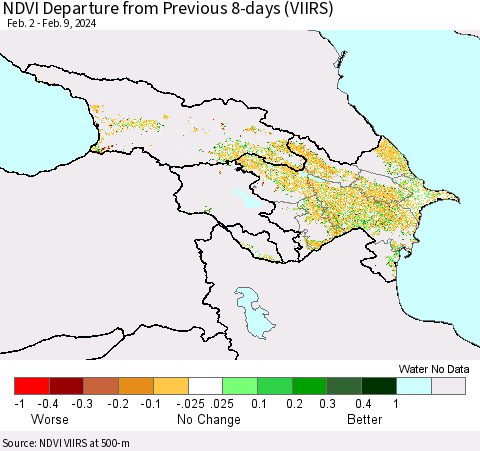 Azerbaijan, Armenia and Georgia NDVI Departure from Previous 8-days (VIIRS) Thematic Map For 2/2/2024 - 2/9/2024