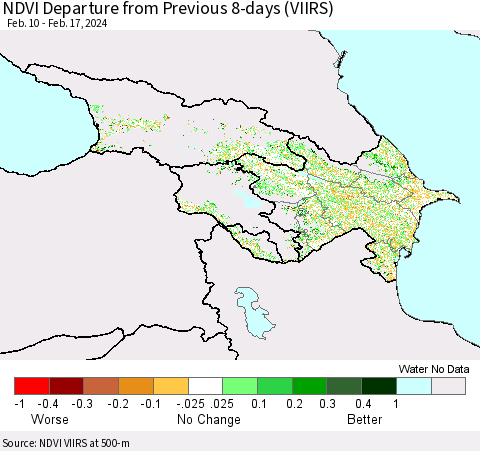 Azerbaijan, Armenia and Georgia NDVI Departure from Previous 8-days (VIIRS) Thematic Map For 2/10/2024 - 2/17/2024