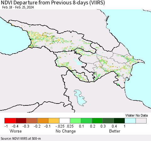 Azerbaijan, Armenia and Georgia NDVI Departure from Previous 8-days (VIIRS) Thematic Map For 2/18/2024 - 2/25/2024