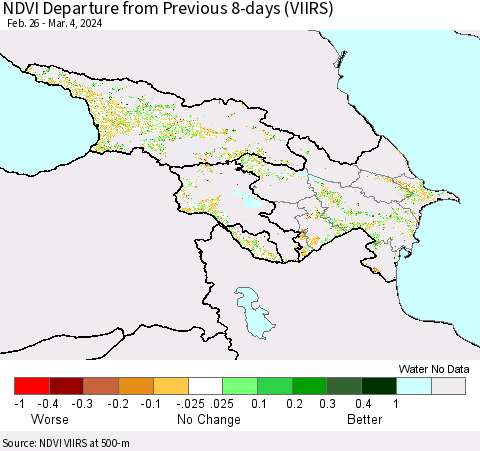 Azerbaijan, Armenia and Georgia NDVI Departure from Previous 8-days (VIIRS) Thematic Map For 2/26/2024 - 3/4/2024