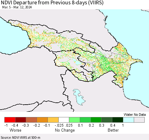Azerbaijan, Armenia and Georgia NDVI Departure from Previous 8-days (VIIRS) Thematic Map For 3/5/2024 - 3/12/2024