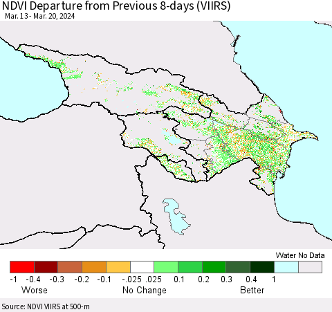 Azerbaijan, Armenia and Georgia NDVI Departure from Previous 8-days (VIIRS) Thematic Map For 3/13/2024 - 3/20/2024