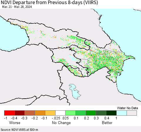 Azerbaijan, Armenia and Georgia NDVI Departure from Previous 8-days (VIIRS) Thematic Map For 3/21/2024 - 3/28/2024
