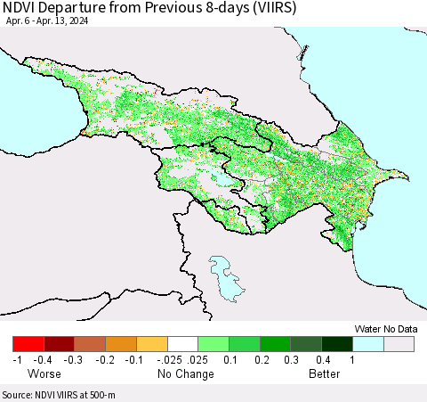 Azerbaijan, Armenia and Georgia NDVI Departure from Previous 8-days (VIIRS) Thematic Map For 4/6/2024 - 4/13/2024