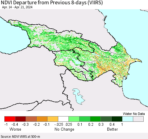 Azerbaijan, Armenia and Georgia NDVI Departure from Previous 8-days (VIIRS) Thematic Map For 4/14/2024 - 4/21/2024