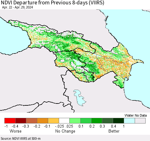 Azerbaijan, Armenia and Georgia NDVI Departure from Previous 8-days (VIIRS) Thematic Map For 4/22/2024 - 4/29/2024