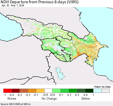 Azerbaijan, Armenia and Georgia NDVI Departure from Previous 8-days (VIIRS) Thematic Map For 4/30/2024 - 5/7/2024