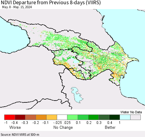 Azerbaijan, Armenia and Georgia NDVI Departure from Previous 8-days (VIIRS) Thematic Map For 5/8/2024 - 5/15/2024