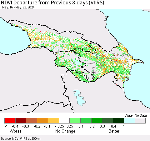 Azerbaijan, Armenia and Georgia NDVI Departure from Previous 8-days (VIIRS) Thematic Map For 5/16/2024 - 5/23/2024