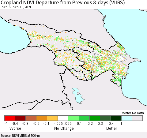 Azerbaijan, Armenia and Georgia Cropland NDVI Departure from Previous 8-days (VIIRS) Thematic Map For 9/6/2021 - 9/13/2021