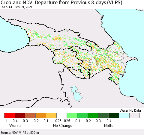 Azerbaijan, Armenia and Georgia Cropland NDVI Departure from Previous 8-days (VIIRS) Thematic Map For 9/14/2021 - 9/21/2021