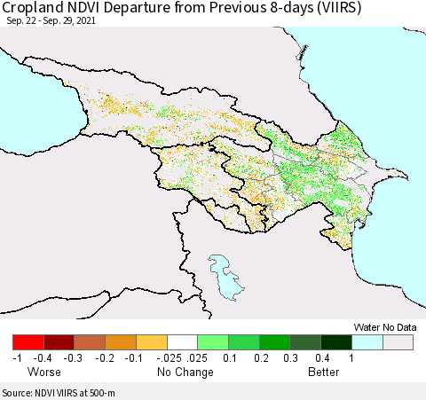 Azerbaijan, Armenia and Georgia Cropland NDVI Departure from Previous 8-days (VIIRS) Thematic Map For 9/22/2021 - 9/29/2021