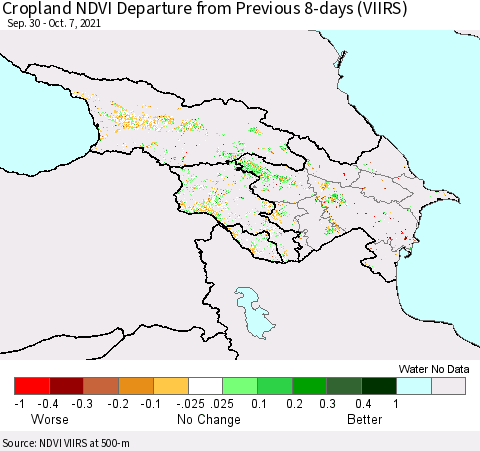 Azerbaijan, Armenia and Georgia Cropland NDVI Departure from Previous 8-days (VIIRS) Thematic Map For 9/30/2021 - 10/7/2021