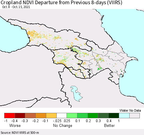 Azerbaijan, Armenia and Georgia Cropland NDVI Departure from Previous 8-days (VIIRS) Thematic Map For 10/8/2021 - 10/15/2021