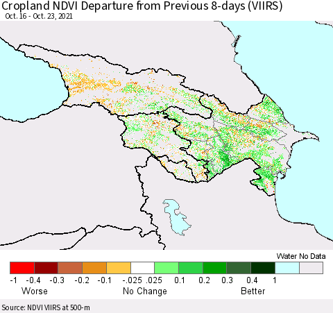 Azerbaijan, Armenia and Georgia Cropland NDVI Departure from Previous 8-days (VIIRS) Thematic Map For 10/16/2021 - 10/23/2021