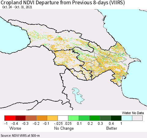 Azerbaijan, Armenia and Georgia Cropland NDVI Departure from Previous 8-days (VIIRS) Thematic Map For 10/24/2021 - 10/31/2021
