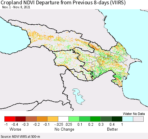 Azerbaijan, Armenia and Georgia Cropland NDVI Departure from Previous 8-days (VIIRS) Thematic Map For 11/1/2021 - 11/8/2021