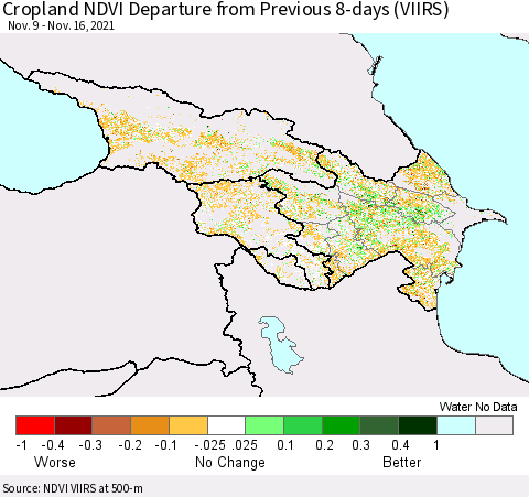 Azerbaijan, Armenia and Georgia Cropland NDVI Departure from Previous 8-days (VIIRS) Thematic Map For 11/9/2021 - 11/16/2021