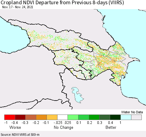 Azerbaijan, Armenia and Georgia Cropland NDVI Departure from Previous 8-days (VIIRS) Thematic Map For 11/17/2021 - 11/24/2021