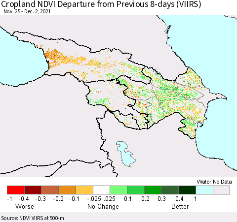 Azerbaijan, Armenia and Georgia Cropland NDVI Departure from Previous 8-days (VIIRS) Thematic Map For 11/25/2021 - 12/2/2021